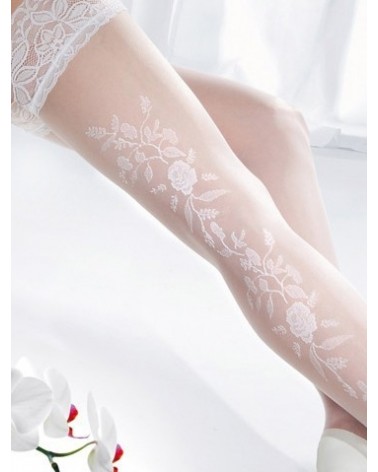 Bas blanc fantaisie motif floral mariage